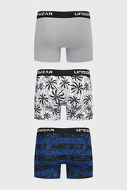 Pack de tres bóxers para hombre con diseño liso gris en el primero estampado de palmeras en el segundo y floral azul en el tercero