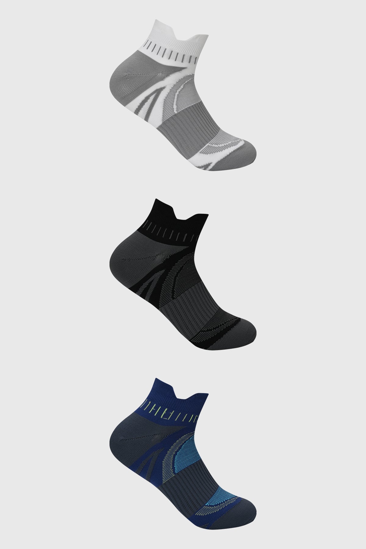 Calcetas deportivas hombre tripack verde en gris negro y azul con diseño geométrico moderno en tobillo