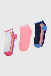 Tripack de calcetas deportivas para niña con colores azul rosa y blanco con franjas de colores sin estampa