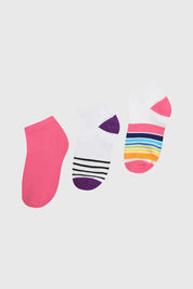 Tripack de calcetas deportivas para niña en fucsia liso y dos con diseños rayados multicolor y blanco con negro