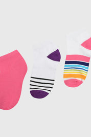Tripack de calcetas deportivas para niña en fucsia liso y dos con diseños rayados multicolor y blanco con negro