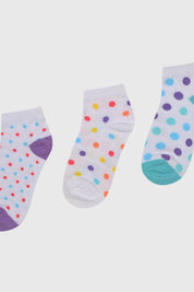 Calcetas deportivas niña tripack lila con puntos multicolores en diferentes tamaños y talones en lila y turquesa