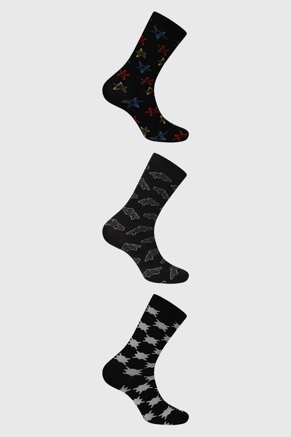 Calcetines hombre marengo con estampado de estrellas de colores y patrones geométricos pequeños en estilo moderno