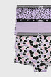 Tripack de calzones niña en lila con diseños de corazones y estampado animal print en la parte superior