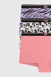 Calzón niña tripack rosado con diseños de cebra lila leopardo multicolor y liso rosa cada uno con lazo en la cintura