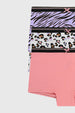 Calzón niña tripack rosado con diseños de cebra lila leopardo multicolor y liso rosa cada uno con lazo en la cintura