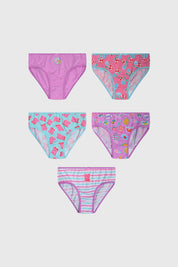 Pack de calzones niña color lila con estampados de frutas caramelos y ositos en estilo colorido y divertido