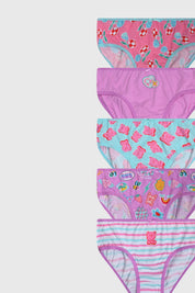 Pack de calzones niña color lila con estampados de frutas caramelos y ositos en estilo colorido y divertido