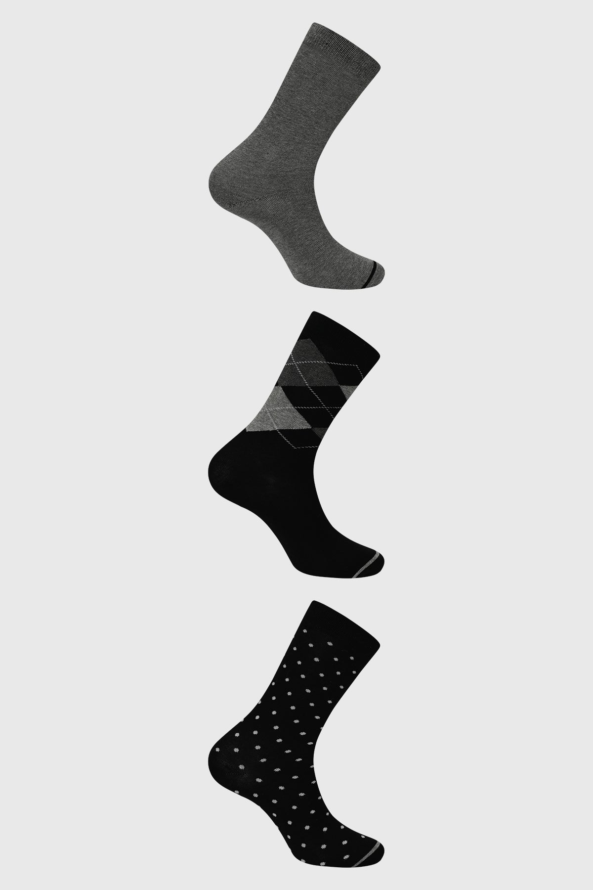 Tripack de calcetines negros para hombre con diseño de rombos y puntos en estilo clásico y moderno