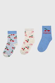 Calcetines niña tripack azul con cerezas y rayas diseños divertidos
