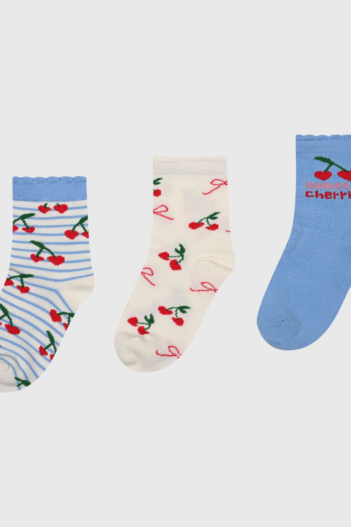 Calcetines niña tripack azul con cerezas y rayas diseños divertidos