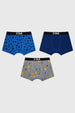 Boxer niño tripack azul con diseños de estrellas en negro y espacio en gris estilo cartoon