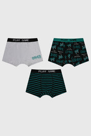 Boxer niño tripack verde liso con estampados de temática gamer en cintura y parte frontal letras PLAY GAME y GAMER