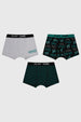 Boxer niño tripack verde liso con estampados de temática gamer en cintura y parte frontal letras PLAY GAME y GAMER