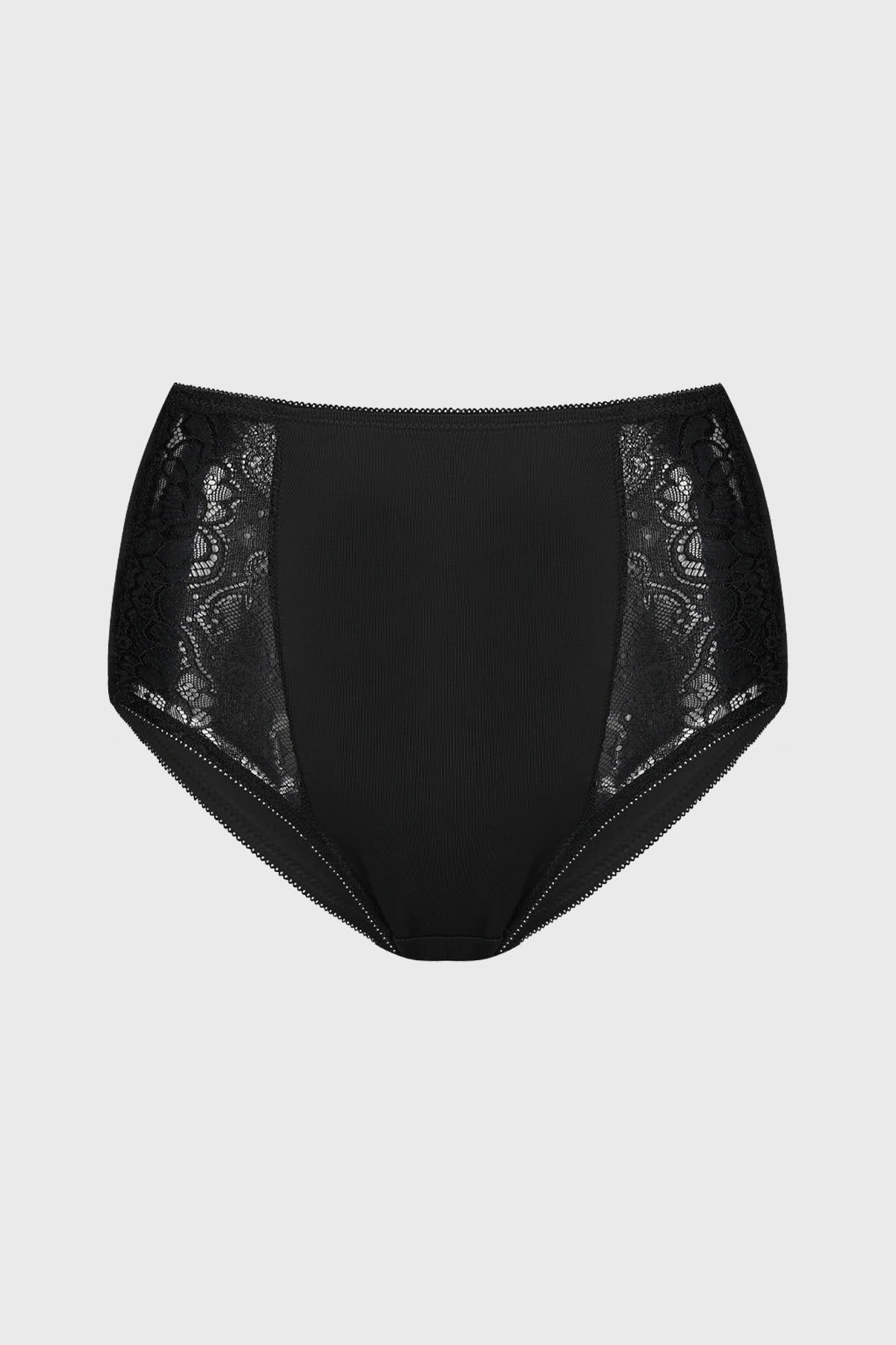 Pantaleta negra de encaje con detalles laterales florales y diseño liso elegante ideal para ocasiones especiales