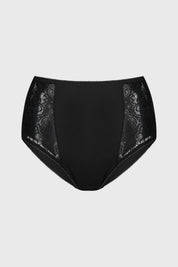 Pantaleta negra de encaje con detalles laterales florales y diseño liso elegante ideal para ocasiones especiales