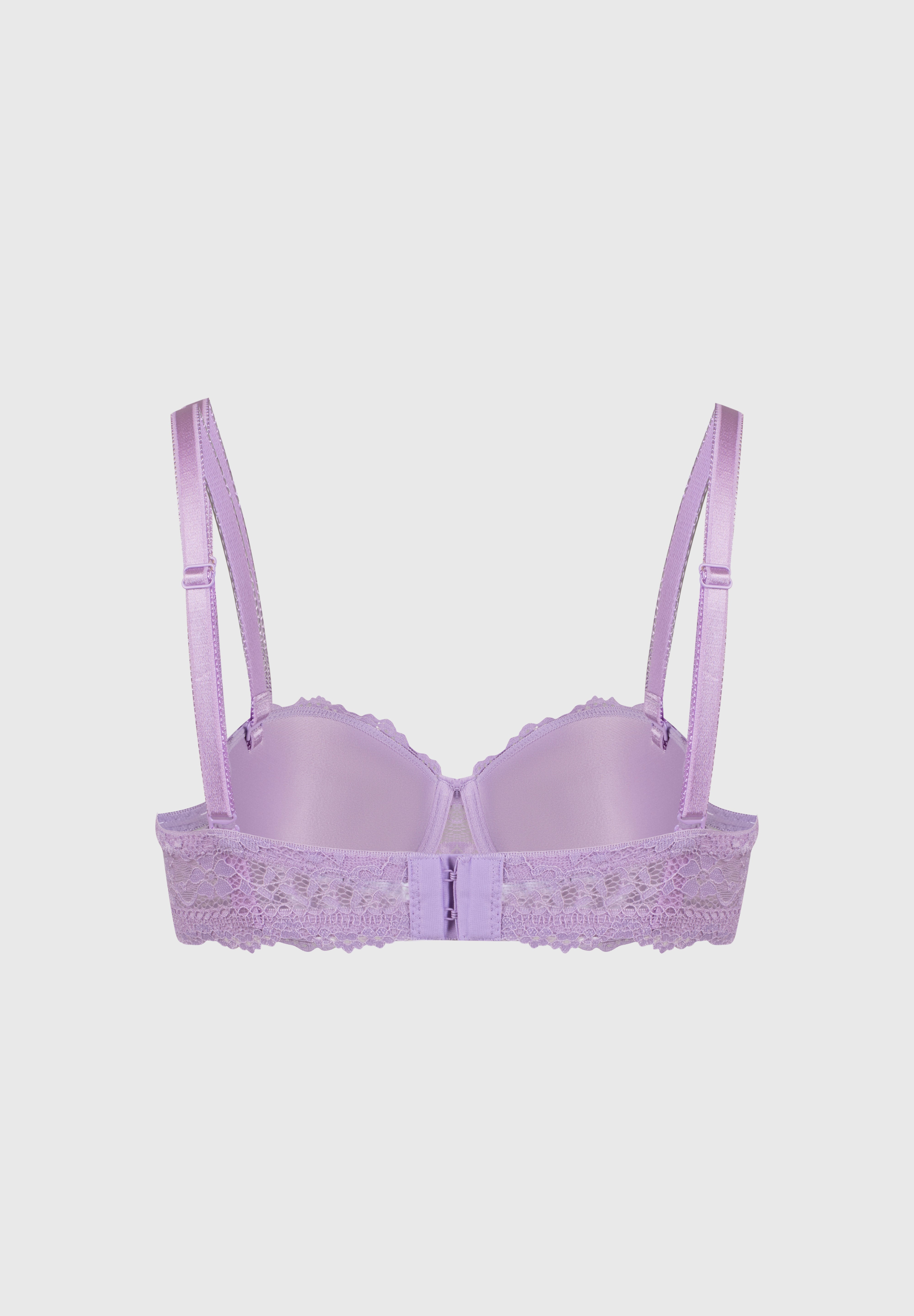 Sostén strapless lila de encaje con diseño floral y tirantes delgados