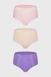 Calzón de mujer tripack tiro alto en tonos morado, rosa y beige con detalles de encaje