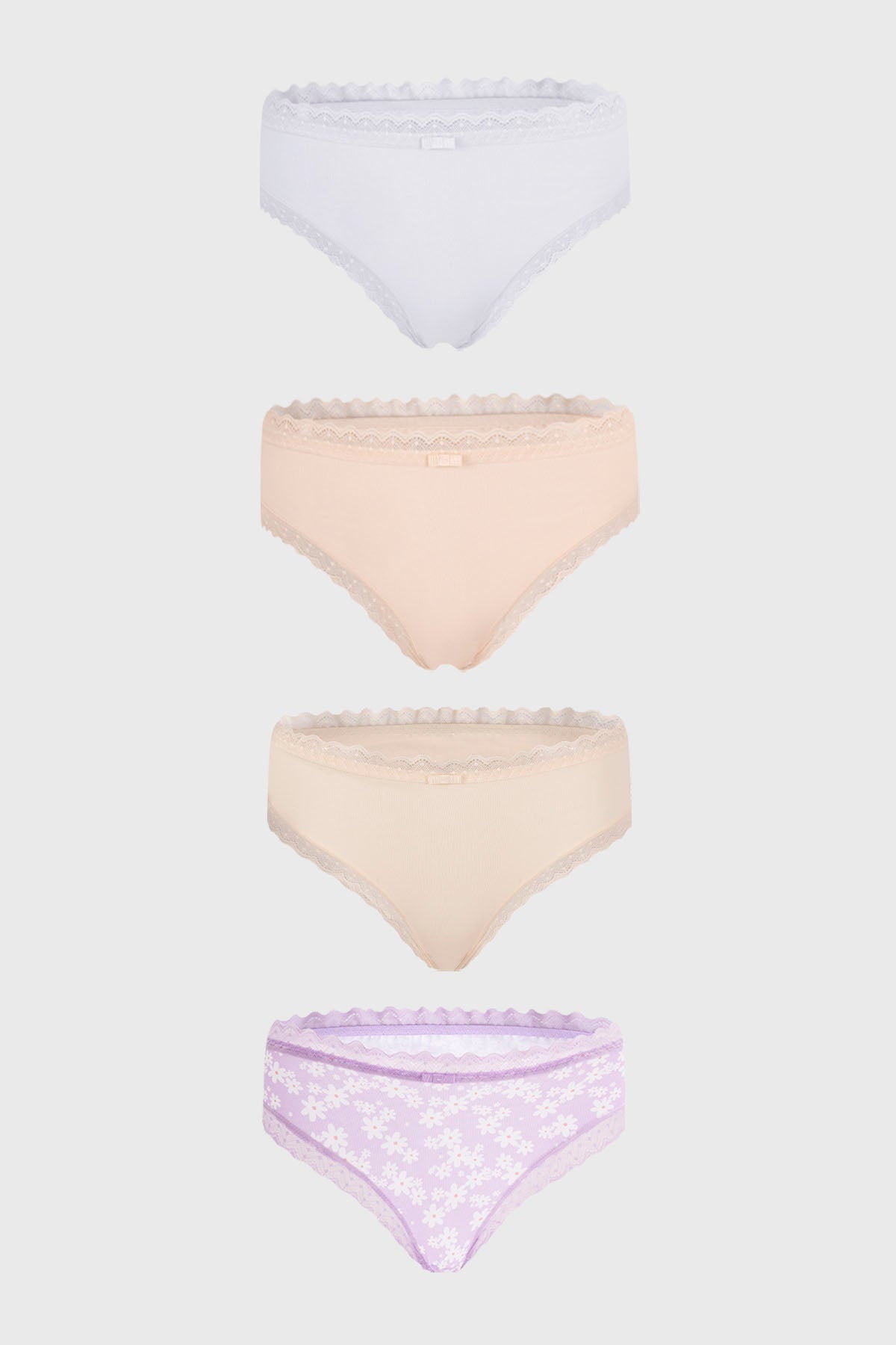 Pack de cuatro calzones mujer bikini print beige con encaje y estampado floral