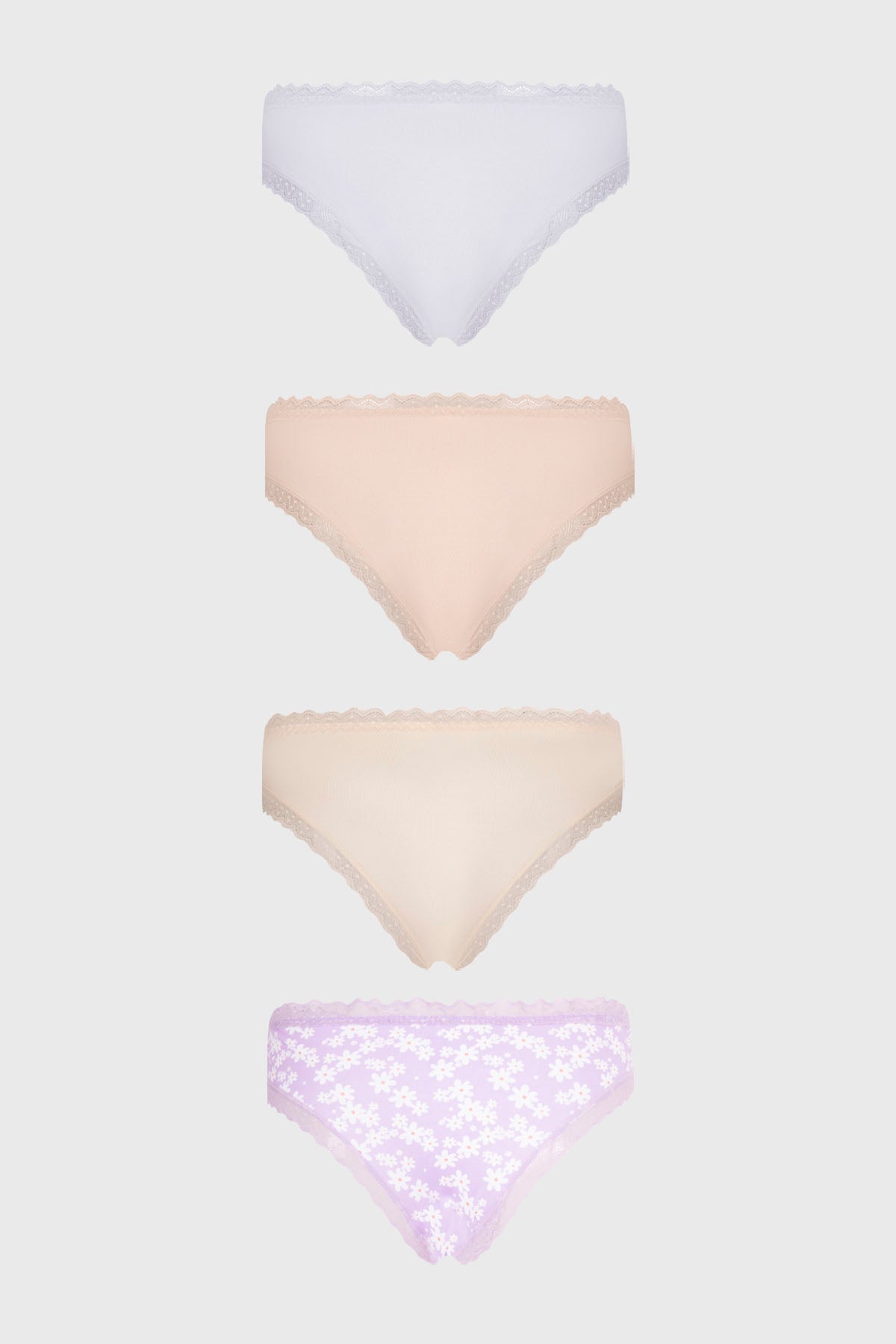 Pack de cuatro calzones mujer bikini print beige con encaje y estampado floral