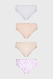 Pack de cuatro calzones mujer bikini print beige con encaje y estampado floral