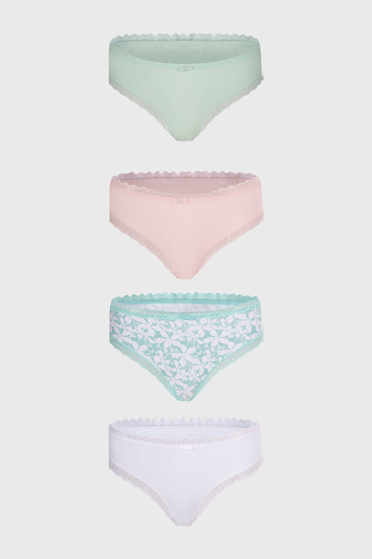 Cuatro calzones tipo bikini en colores pastel y estampado floral palo rosa