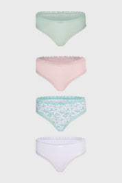 Cuatro calzones tipo bikini en colores pastel y estampado floral palo rosa