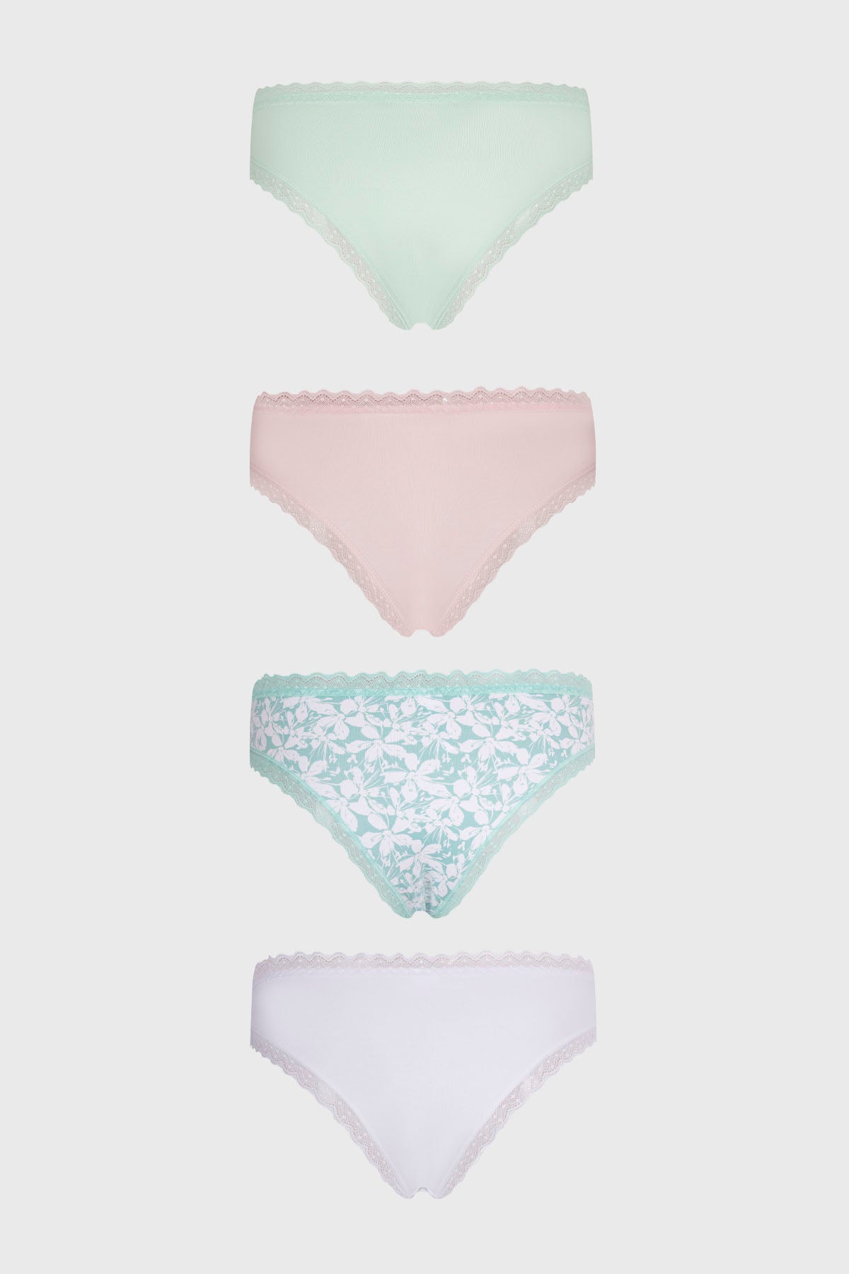 Cuatro calzones tipo bikini en colores pastel y estampado floral palo rosa
