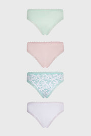 Cuatro calzones tipo bikini en colores pastel y estampado floral palo rosa