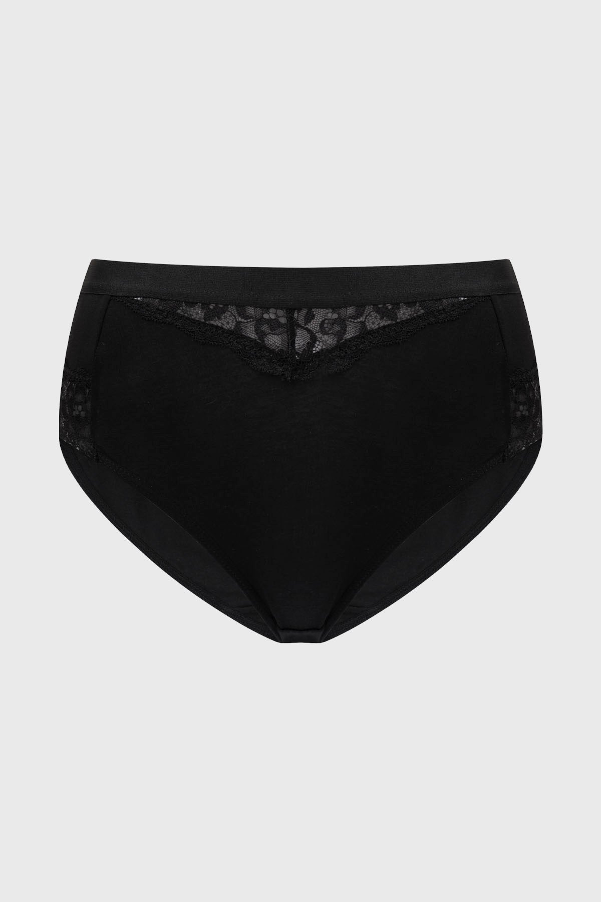 Calzón tiro alto negro con encaje floral en cintura y laterales diseño elegante y femenino