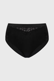 Calzón tiro alto negro con encaje floral en cintura y laterales diseño elegante y femenino
