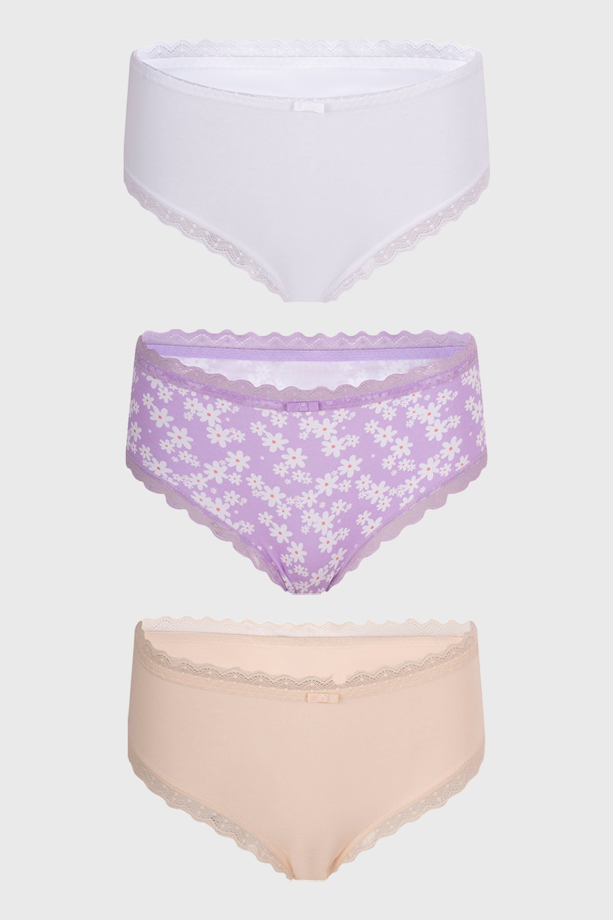 Tripack de calzones para mujer en beige, lila con flores y blanco con encaje