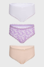 Tripack de calzones para mujer en beige, lila con flores y blanco con encaje