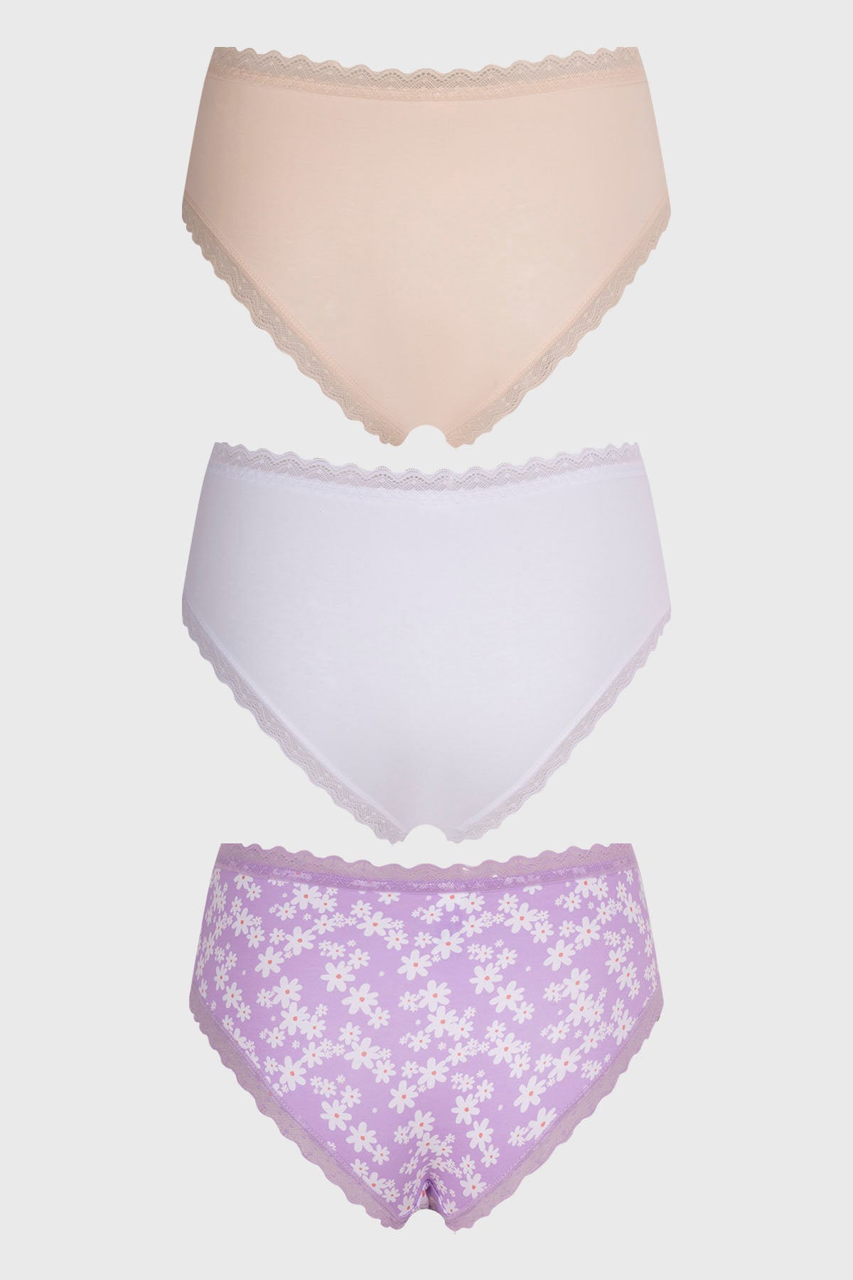 Tripack de calzones para mujer en beige, lila con flores y blanco con encaje
