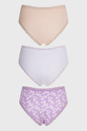 Tripack de calzones para mujer en beige, lila con flores y blanco con encaje