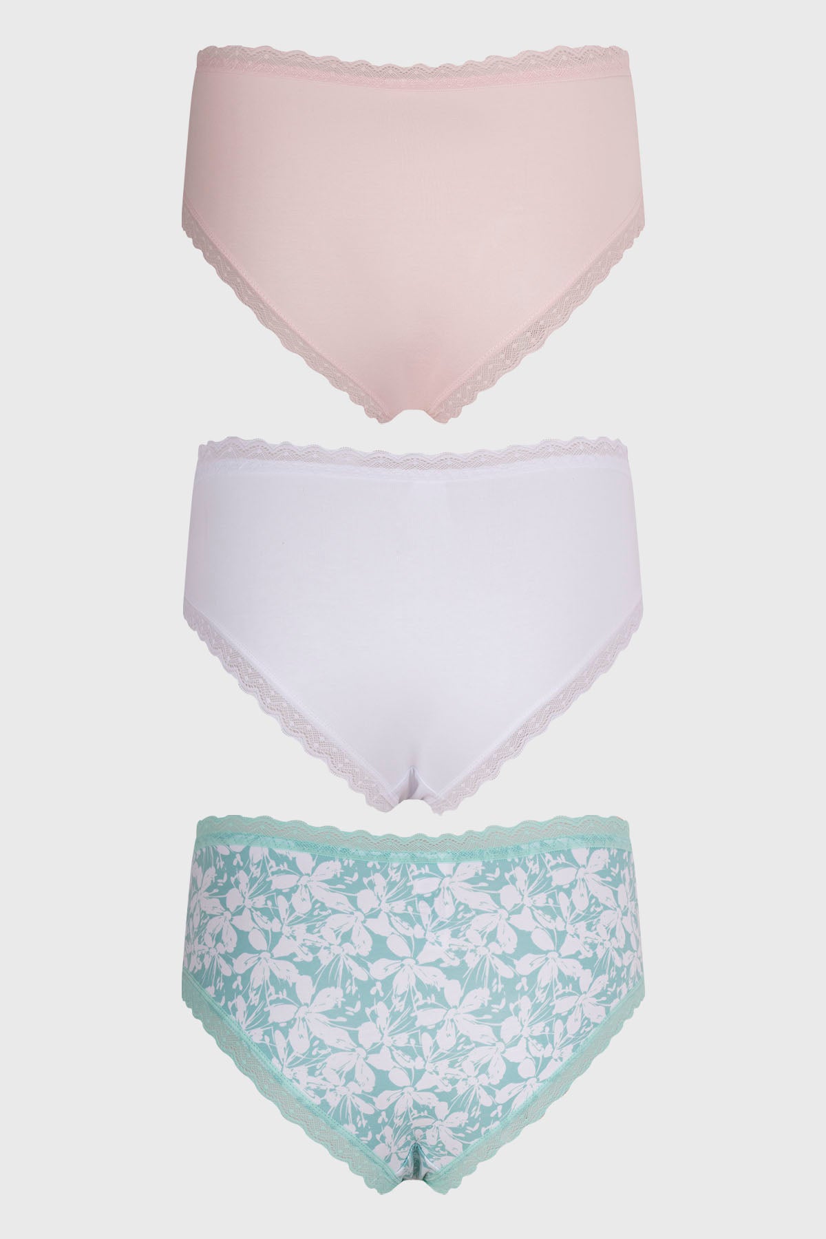 Calzón mujer tripack en tonos rosado y blanco con encaje y diseño floral