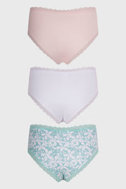 Calzón mujer tripack en tonos rosado y blanco con encaje y diseño floral
