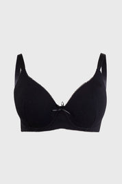 Sostén negro de mujer con copa soporte y detalle de lazo frontal