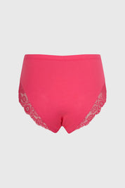 Calzón mujer tiro alto morado con detalle encaje fucsia y lazo decorativo