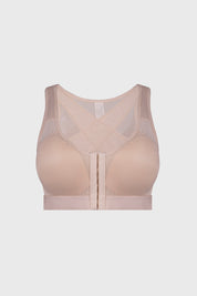 Sostén corrector de postura beige con diseño frontal de malla y cierre central visible
