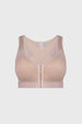 Sostén corrector de postura beige con diseño frontal de malla y cierre central visible