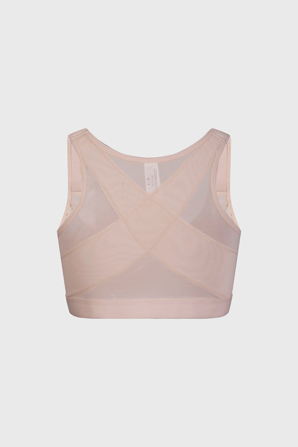 Sostén corrector de postura beige con diseño frontal de malla y cierre central visible
