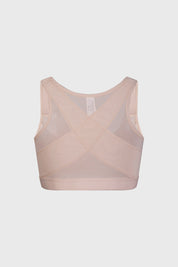 Sostén corrector de postura beige con diseño frontal de malla y cierre central visible