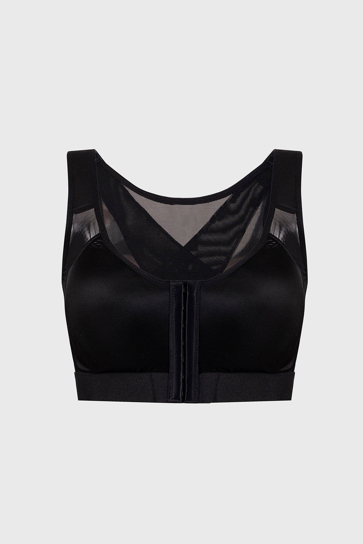 Sostén mujer corrector de postura negro con detalles de malla y diseño ajustado