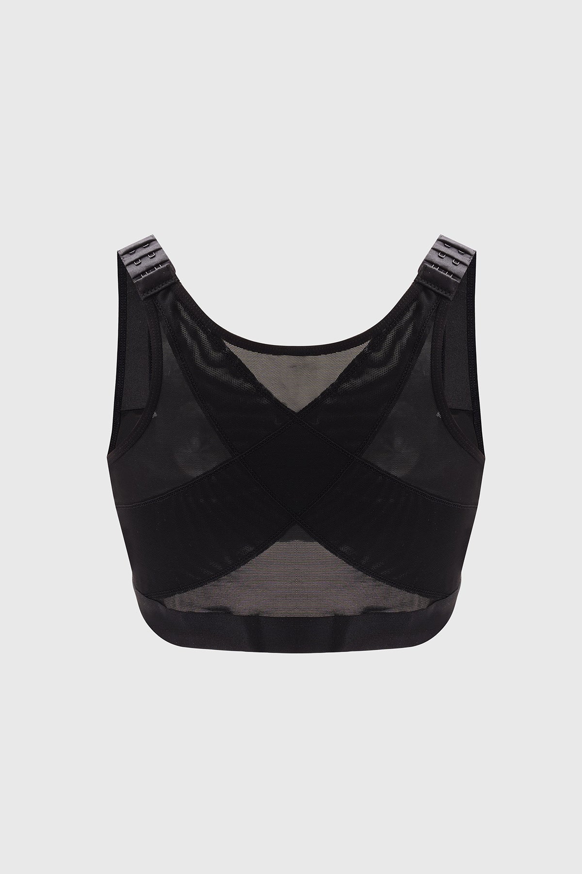 Sostén mujer corrector de postura negro con detalles de malla y diseño ajustado