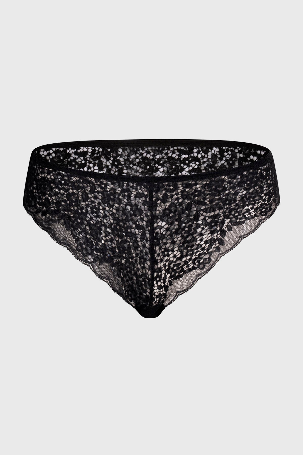 Calzón tipo bikini negro con encaje floral visible en toda la prenda