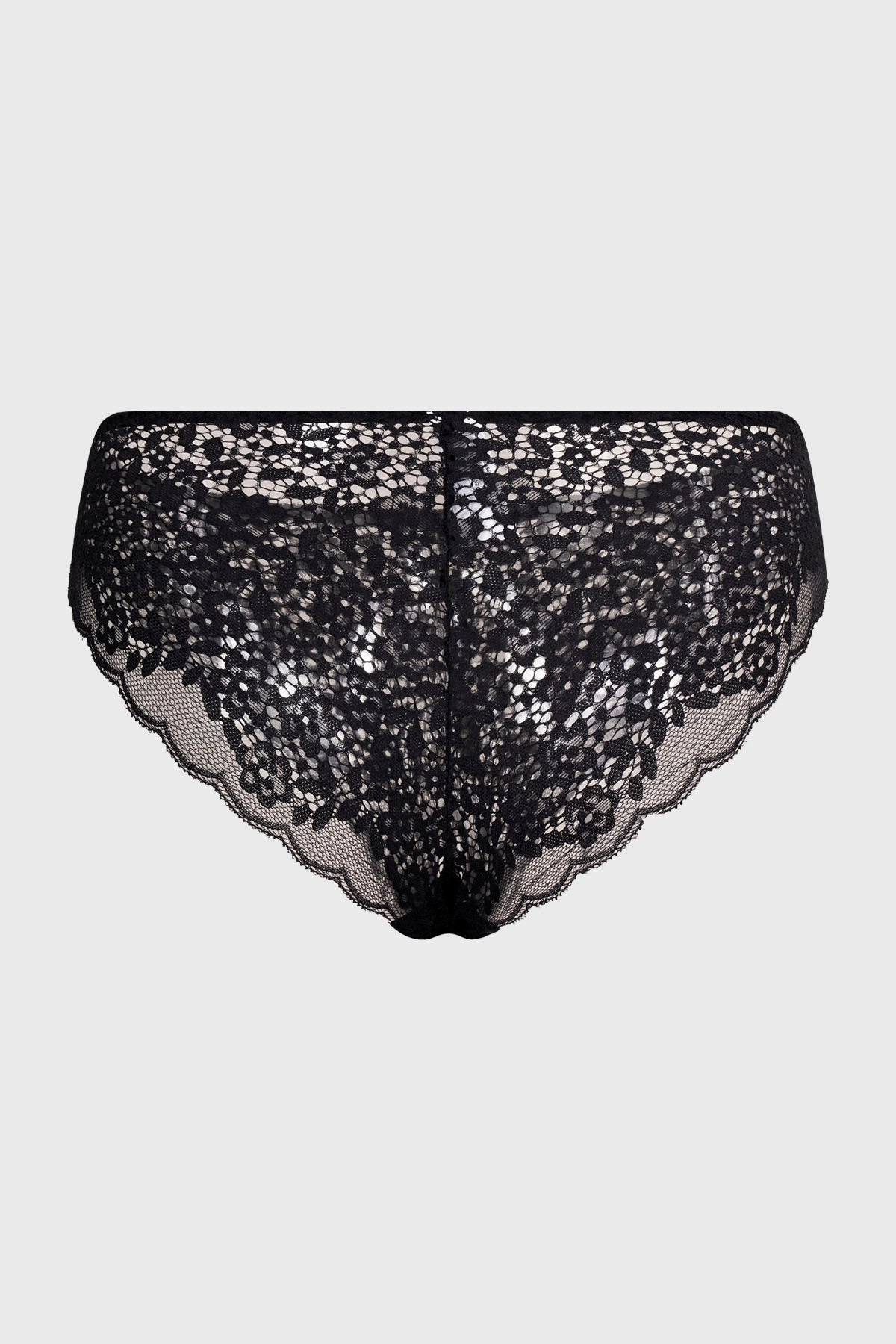 Calzón tipo bikini negro con encaje floral visible en toda la prenda