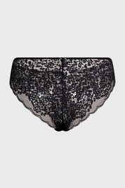 Calzón tipo bikini negro con encaje floral visible en toda la prenda
