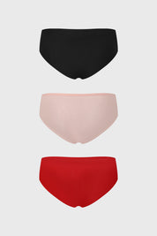 Tripack de calzones lisos para mujer en negro palo rosa y rojo diseño clásico y cómodo sin estampa visible