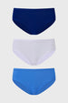 Calzón mujer tripack liso en azul blanco y celeste sin estampa diseño clásico de cobertura completa